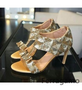 Ferragamo Ankle-Strap Sequins Vara Sandals Golden