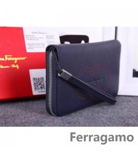 Ferragamo zip around wallet dark blue&red