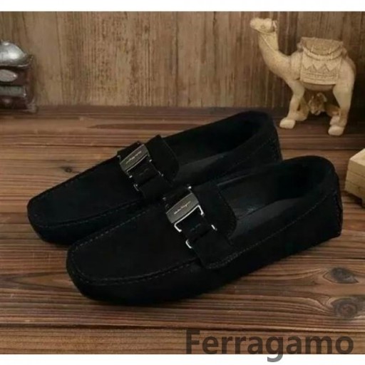 Ferragamo Řidiče, Semiš Mocassin S Vara Ornament Modrý Boty